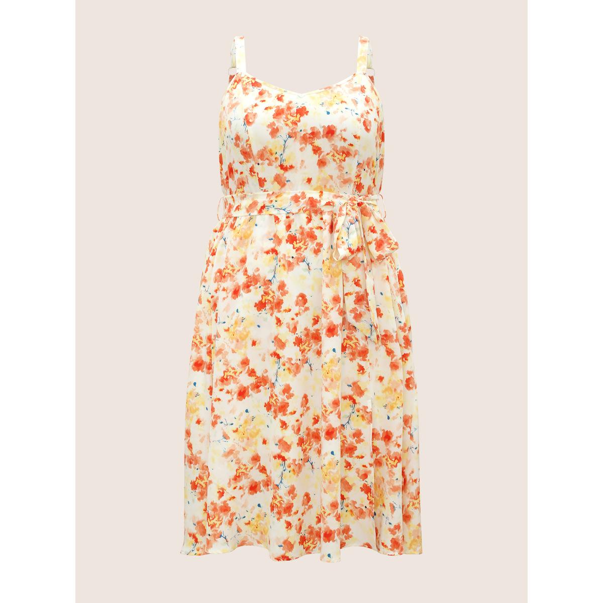 Plus Size Ditsy Floral Elastic Waist Belted Adjustable Straps Dress Coral Women Elegant Non Non Sleeveless Curvy Midi Dress BloomChic 14-16/1X Product Image