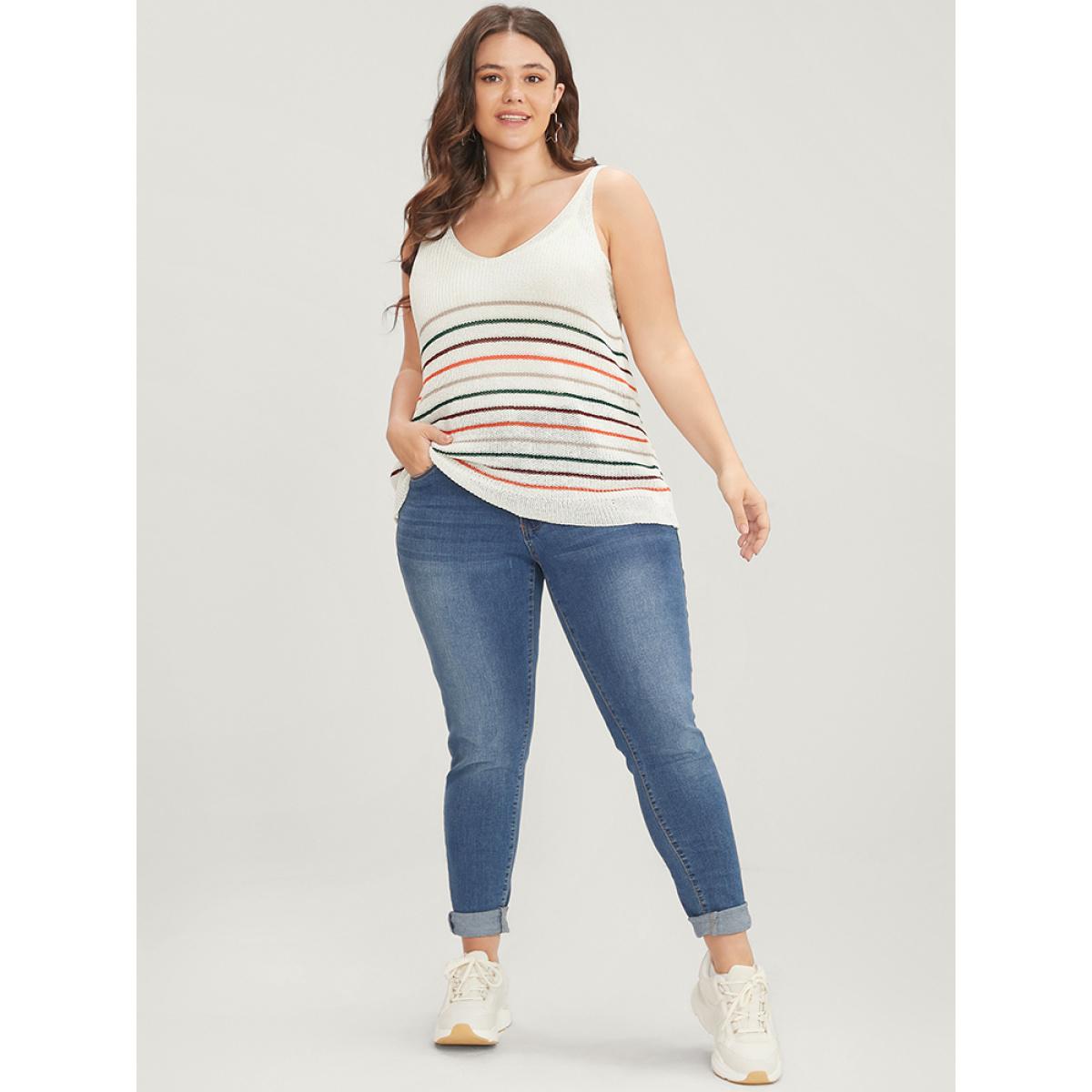 Plus Size Striped Contrast Sleeveless Knit Top Multicolor Women Casual Sleeveless V-neck Dailywear Pullovers BloomChic 28/5X Product Image