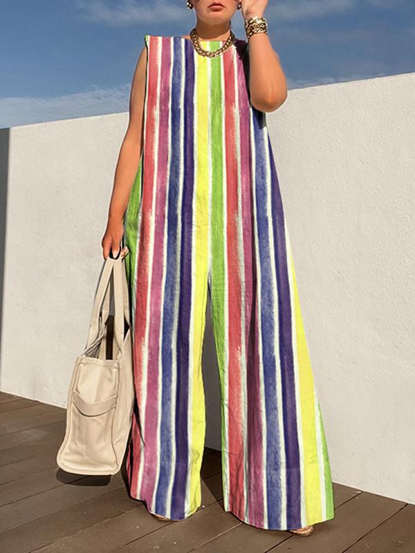 Loose Sleeveless Contrast Color Striped Jumpsuits Product Image