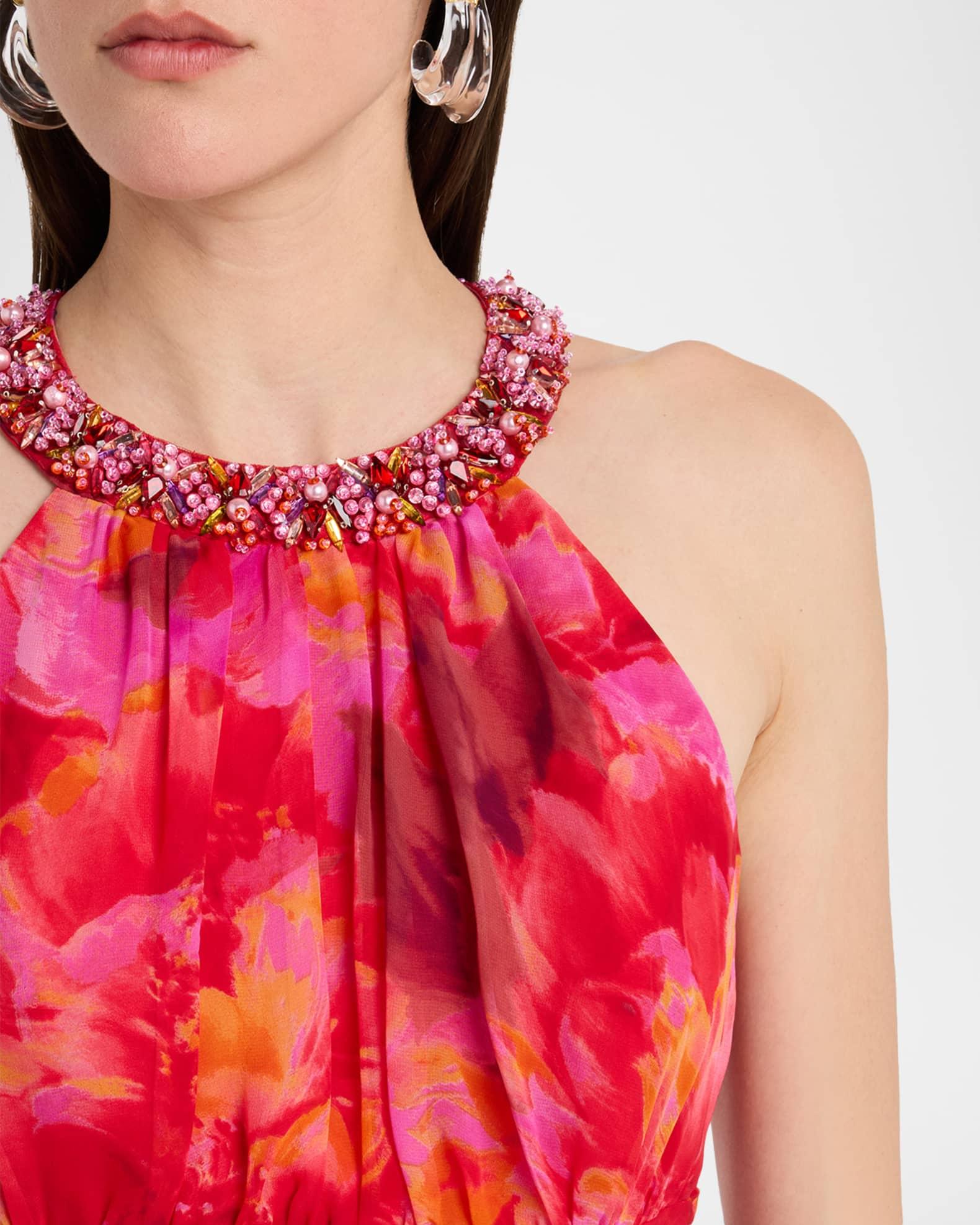 Beaded Floral-Print Chiffon Halter Gown Product Image