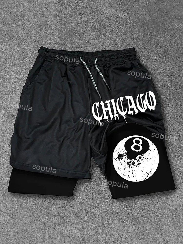 Chicago 8 Ball Print Double Layer Drawstring Shorts Product Image