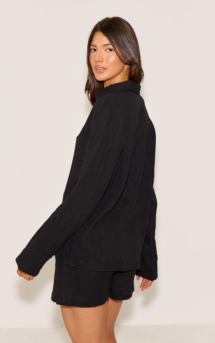 Black Cheesecloth Long Sleeve Short Pj Set Product Image