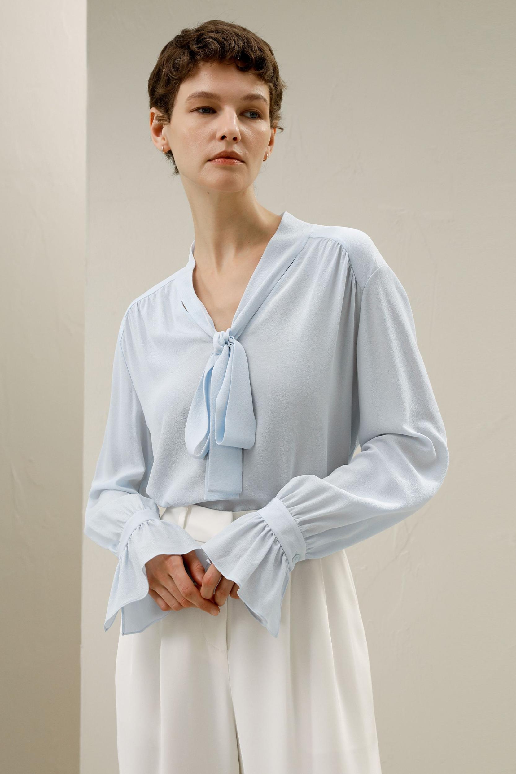 LILYSILK Womens Silk Shirt Long Sleeve Blue 100% Grade 6A Silk Lightweight Ribbon Tops XXS Product Image