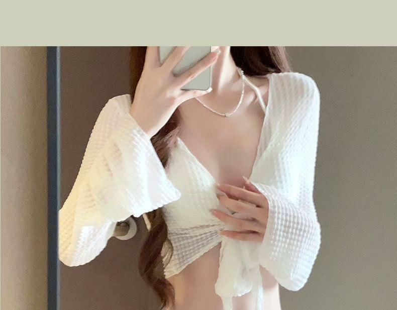 Set: Plain Cover-Up Jacket + Bikini Top + Bottom + Cover-Up Skirt Product Image