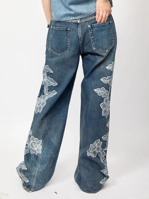 Side-Seam Faux 3D Lace Print Washed Jeans Product Image