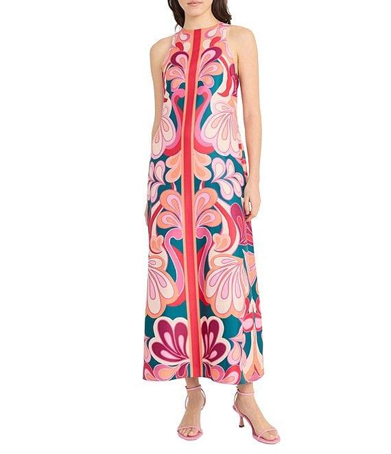 Donna Morgan Poly Twill Abstract Print Halter Neck Sleeveless Shift Maxi Dress Product Image