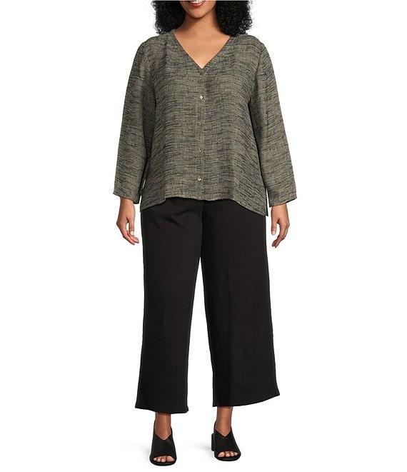 Eileen Fisher Plus Organic Linen Gauze Jacquard V-Neck Long Sleeve Top Product Image