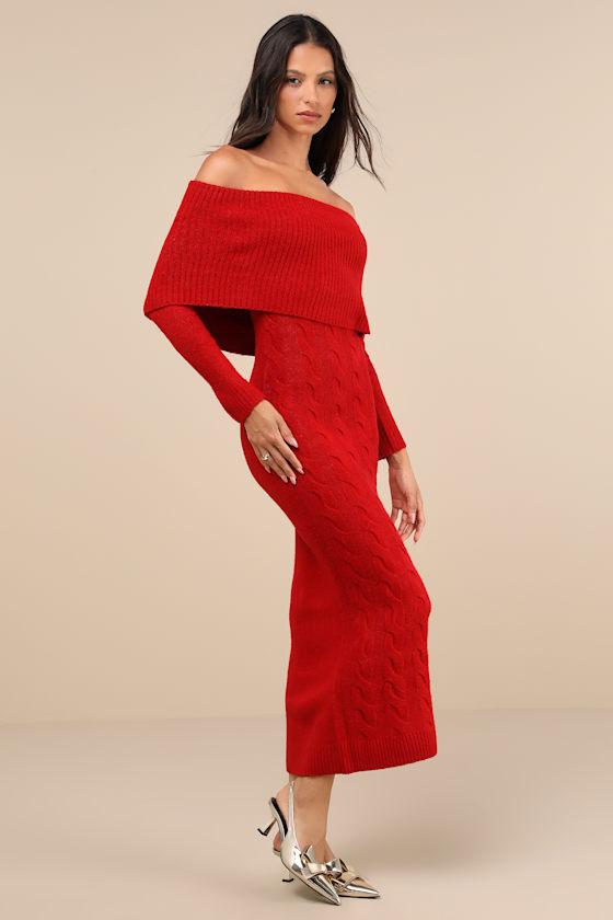 Cozy Excellence Heather Red Off-the-Shoulder Sweater Dress Product Image