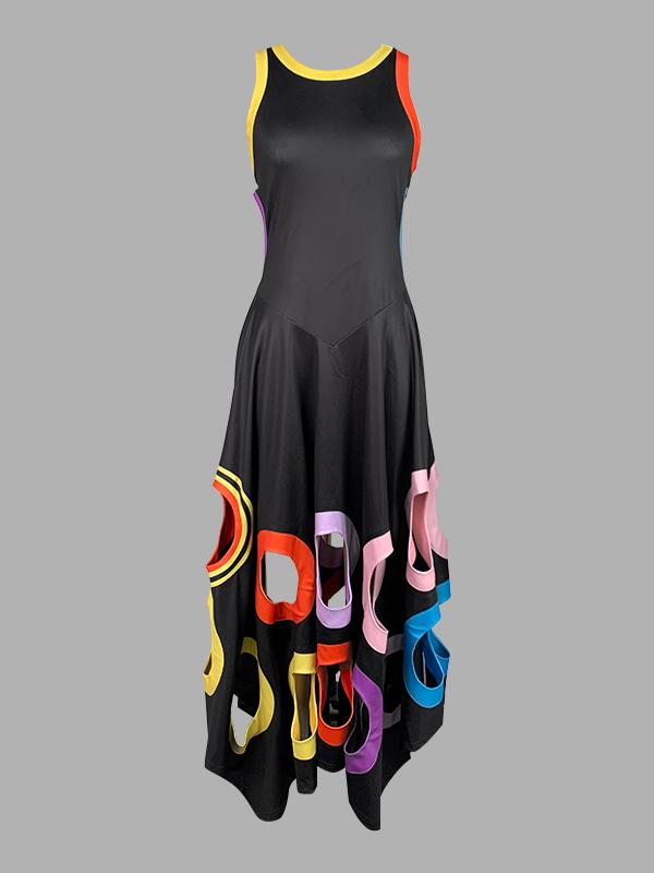 A-Line High Waisted Contrast Color Hollow Round-Neck Maxi Dresses Product Image