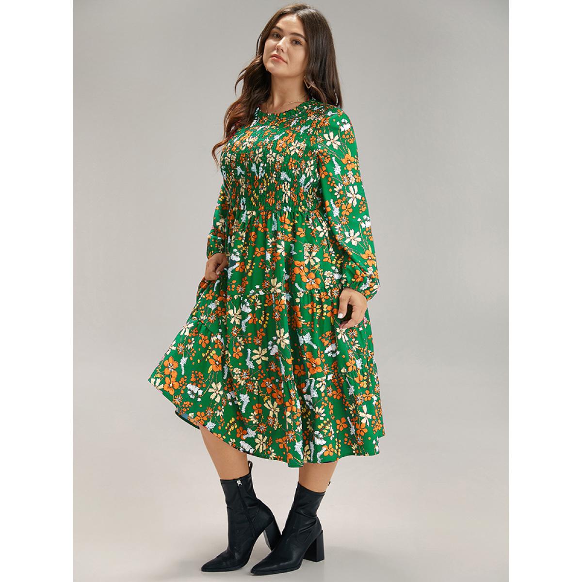 Plus Size Floral Print Keyhole Shirred Dress Green Women Elegant Elastic cuffs Mock Neck Long Sleeve Curvy Midi Dress BloomChic 12/L Product Image