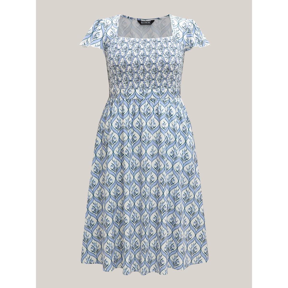 Plus Size Boho Floral Print Shirred Pockets Midi Dress LightBlue Women Square Neck Cap Sleeve Curvy BloomChic 18-20/2X Product Image