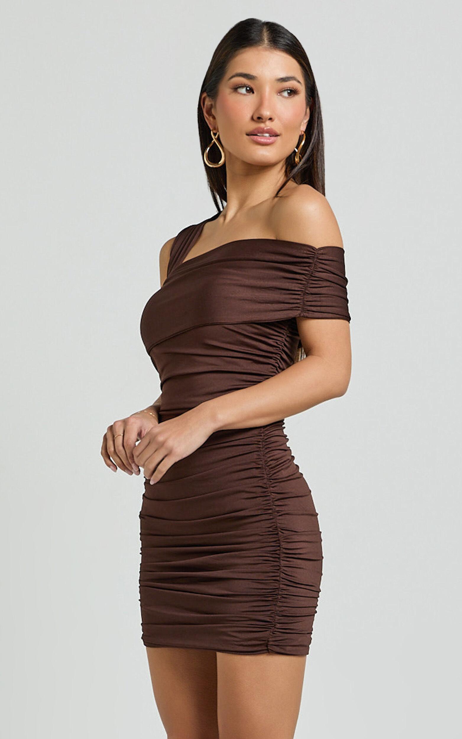 Meadow Mini Dress - Asymmetrical Off Shoulder Jersey Ruched Dress in Chocolate Product Image