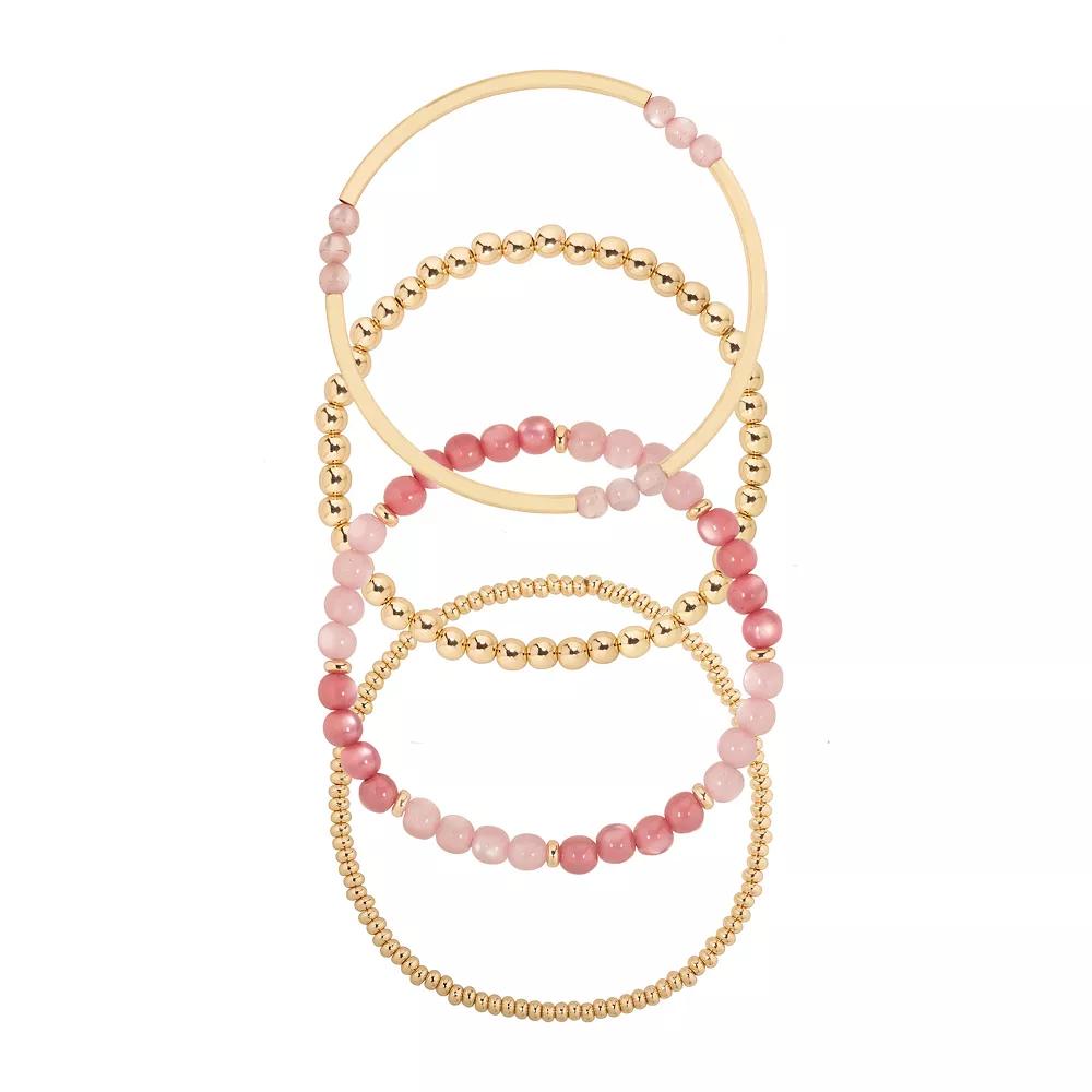 Emberly Gold Tone Coral Beaded Stretch Bracelets 4-Piece Set, Women's, Pink Product Image