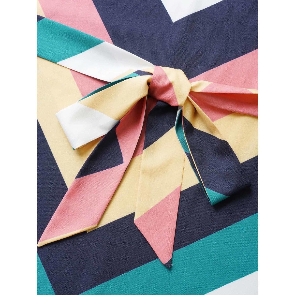 Plus Size Contrast Striped Ruffle Cap Sleeve Dress Multicolor Women Casual Belted V-neck Cap Sleeve Curvy BloomChic 14-16/1X Product Image