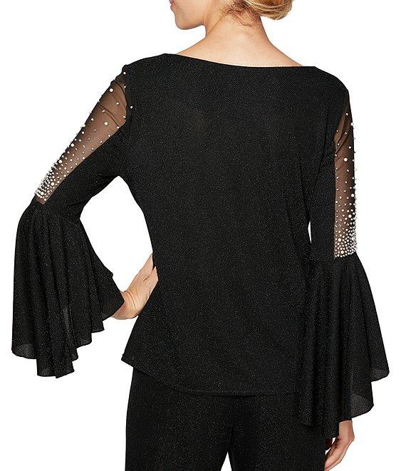 Alex Evenings Petite Size Metallic Knit 3/4 Cascade Beaded Bell Sleeve Blouse Product Image