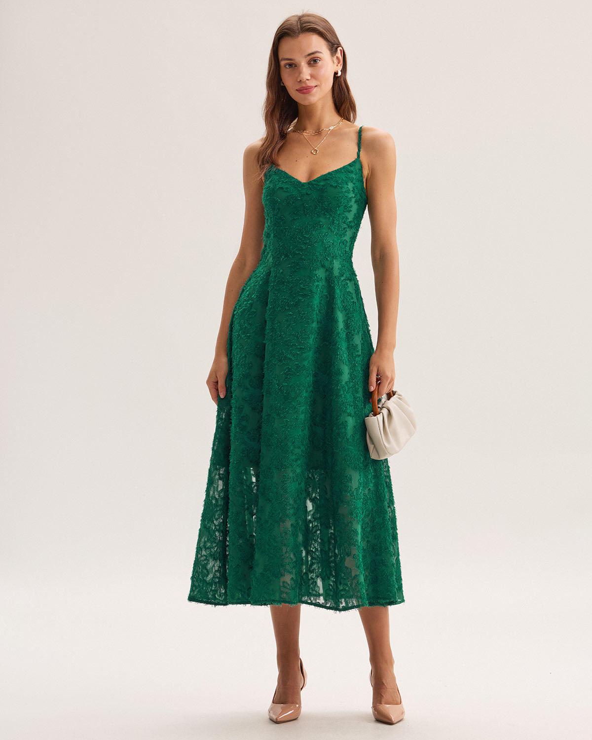 Green Floral Shirred Slip Midi Dress Product Image