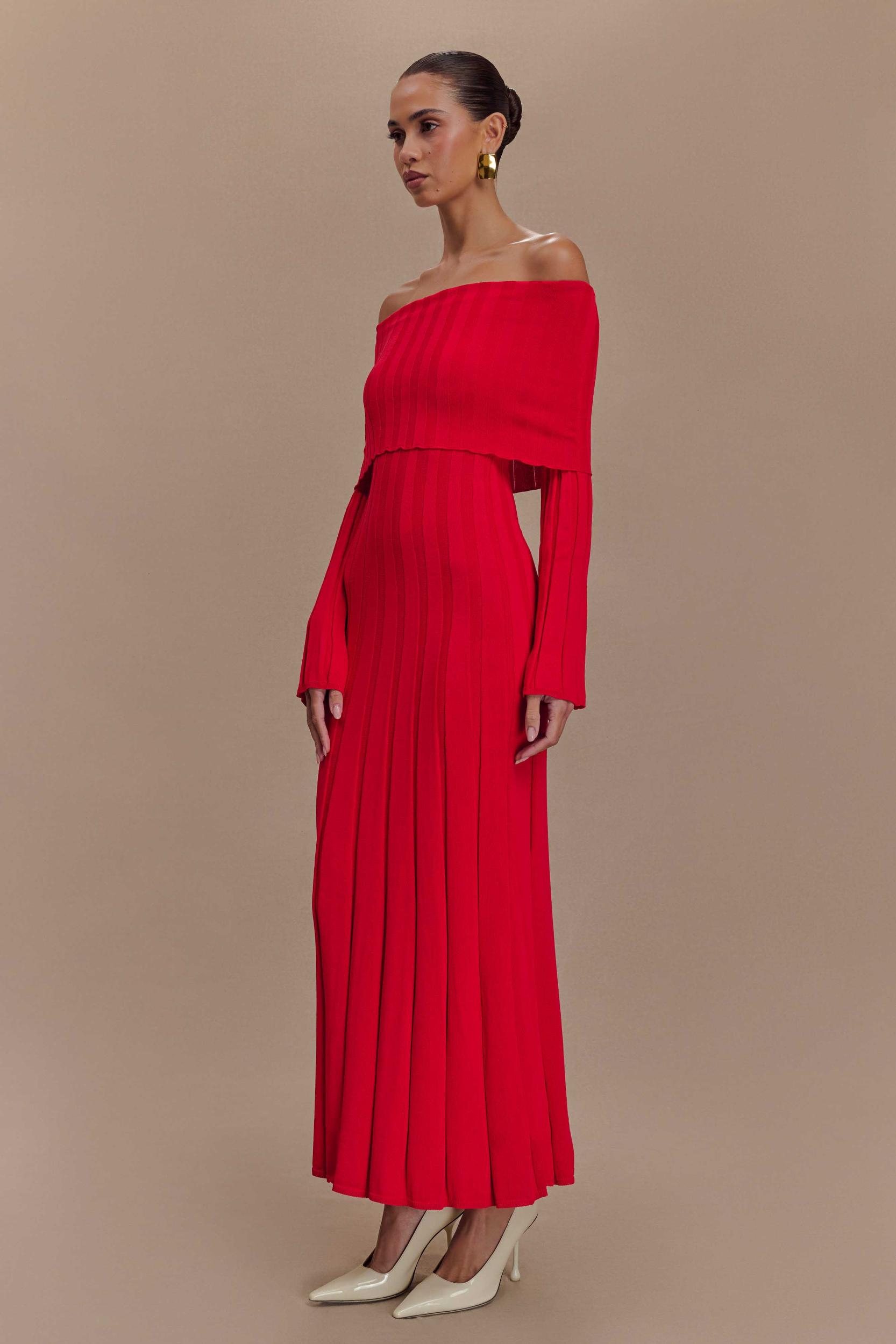 Alonza Long Sleeve Knit Midi Dress - Red Product Image