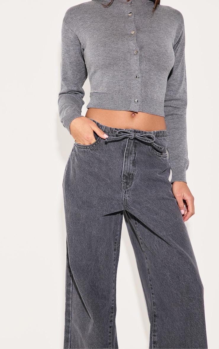 Grey Low Rise Tie Waistband Wide Leg Jeans Product Image