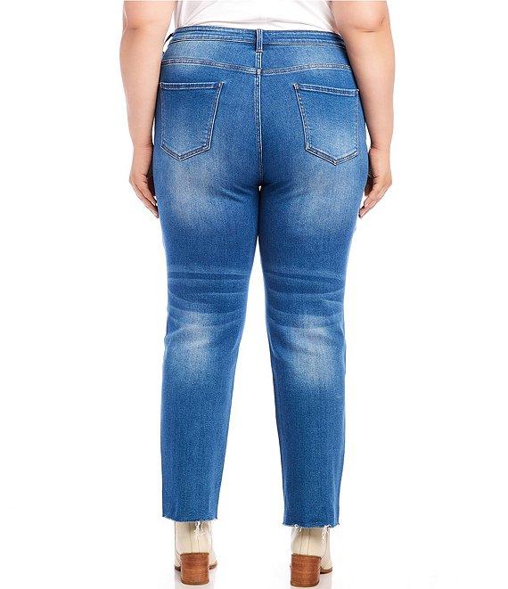 Karen Kane Plus Size High Rise Raw Hem Straight Leg Jeans Product Image