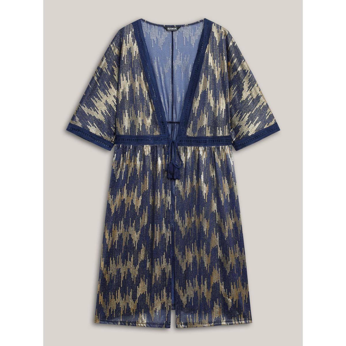 Plus Size Glitter Tassels Webbed Open Front Kimono Women Indigo Woven ribbon&lace trim Vacation Kimonos BloomChic 14-16/1X Product Image