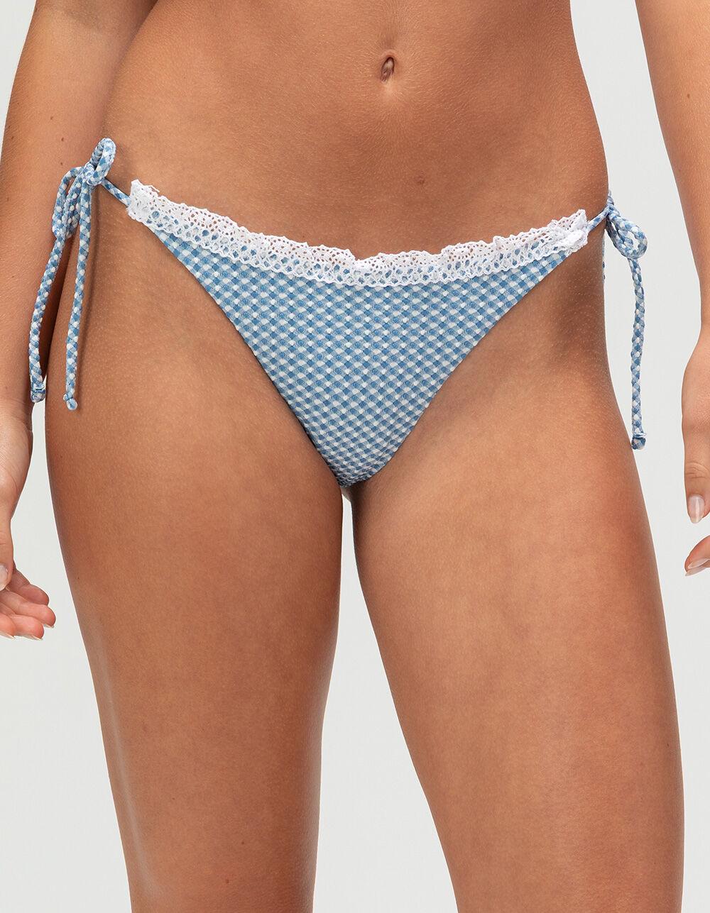 FULL TILT Texture Gingham Tie Side Cheeky Bikini Bottoms - BLUE COMBO Product Image