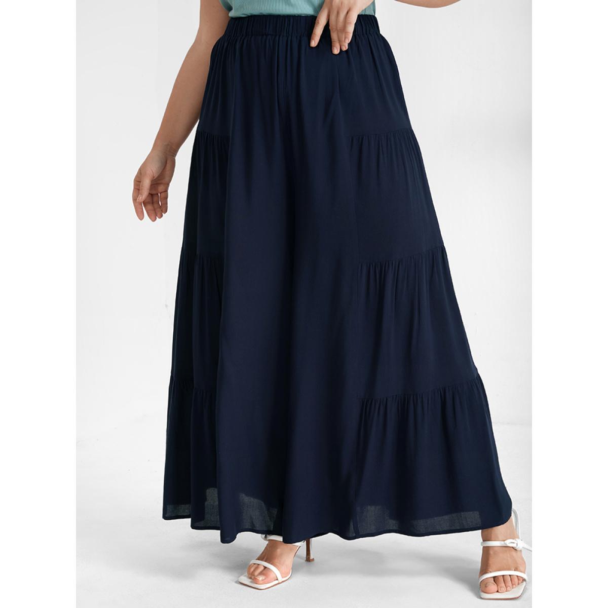 Plus Size High Waisted Chiffon Wide Leg Pants Women DarkBlue Casual Loose High Rise Dailywear Pants BloomChic 22-24/3X Product Image