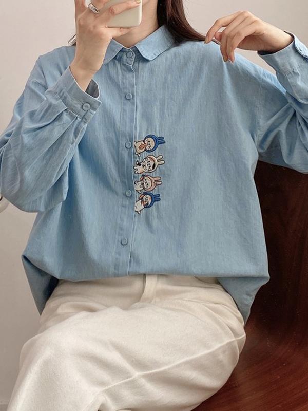 Cartoon Embroidery Denim Blouses&Shirts Product Image