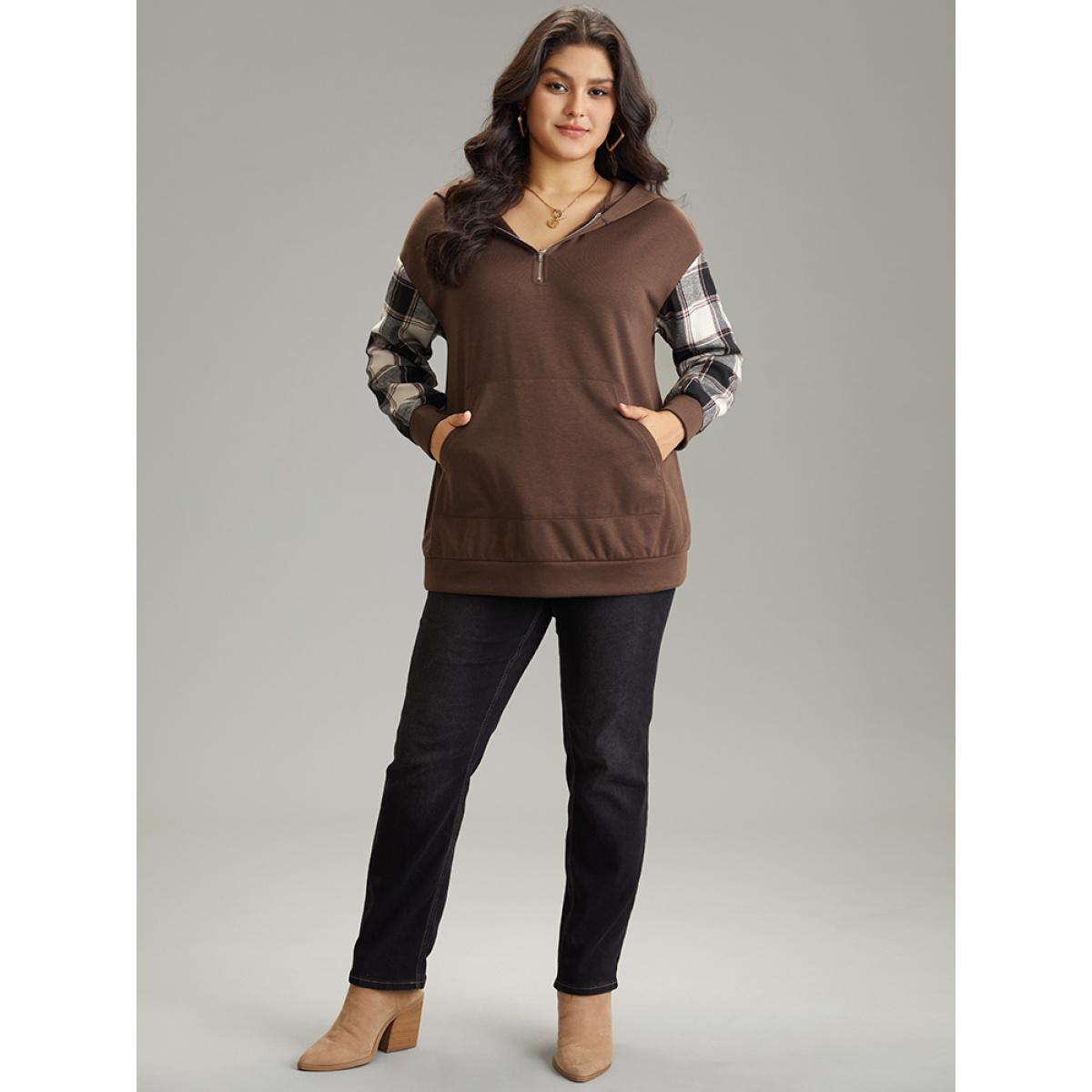 Plus Size Plaid Patchwork Half Zip Pocket Hooded Sweatshirt Women DarkBrown Casual Zipper Hooded Everyday Sweatshirts BloomChic 28/5X Product Image