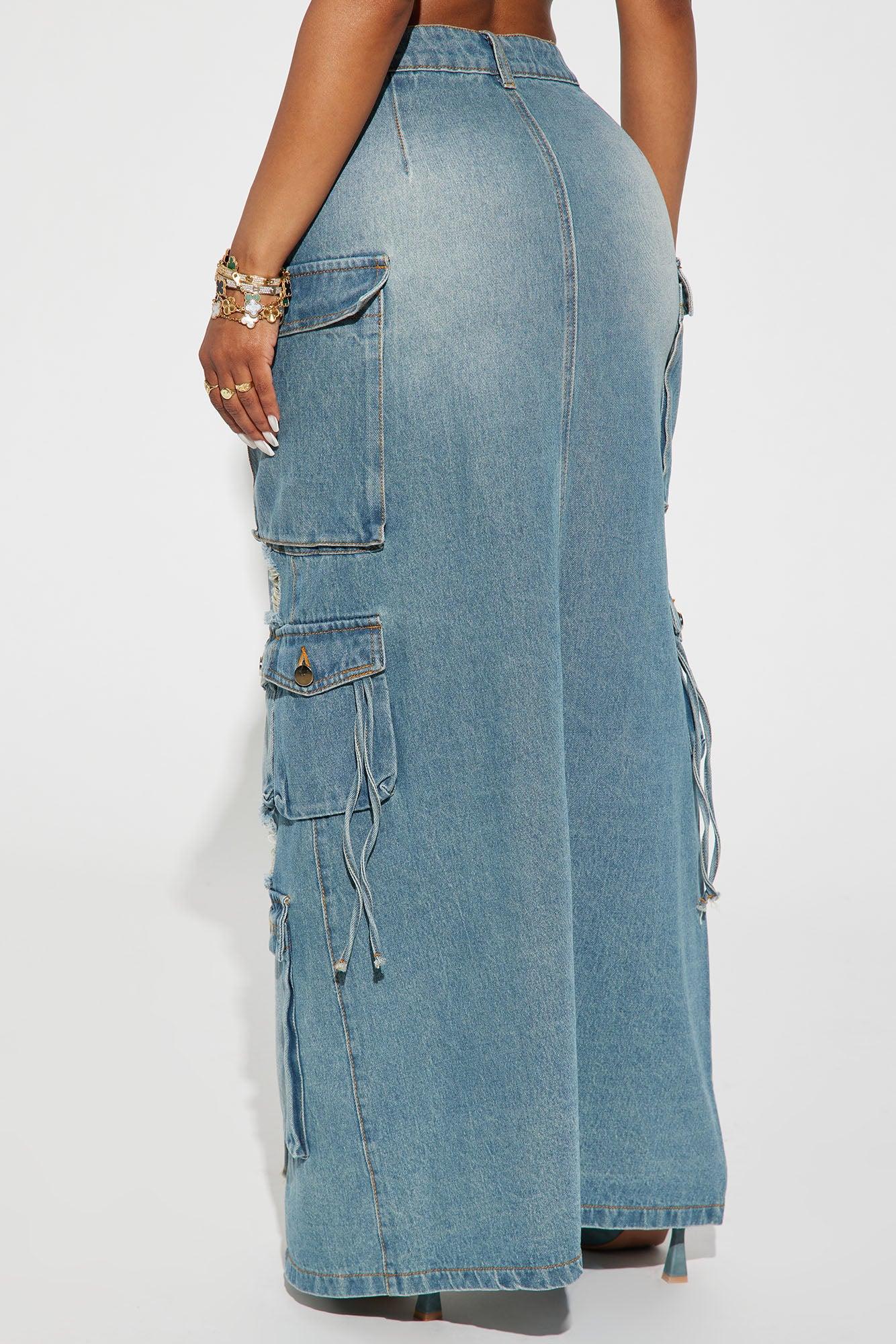 Out Of Town Cargo Denim Maxi Skirt - Medium Wash Product Image