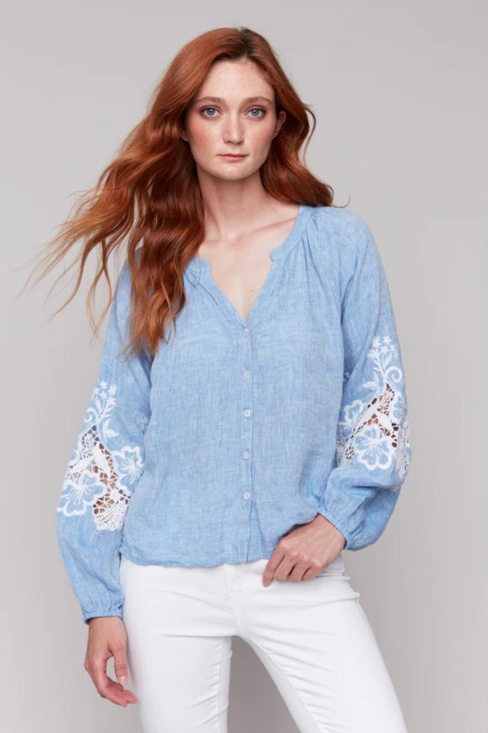 Cotton-Linen Button-Front Blouse with Embroidery Product Image