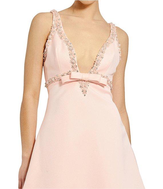 Mac Duggal Beaded Trim Deep V-Neck Sleeveless Bow Mini Babydoll Dress Product Image