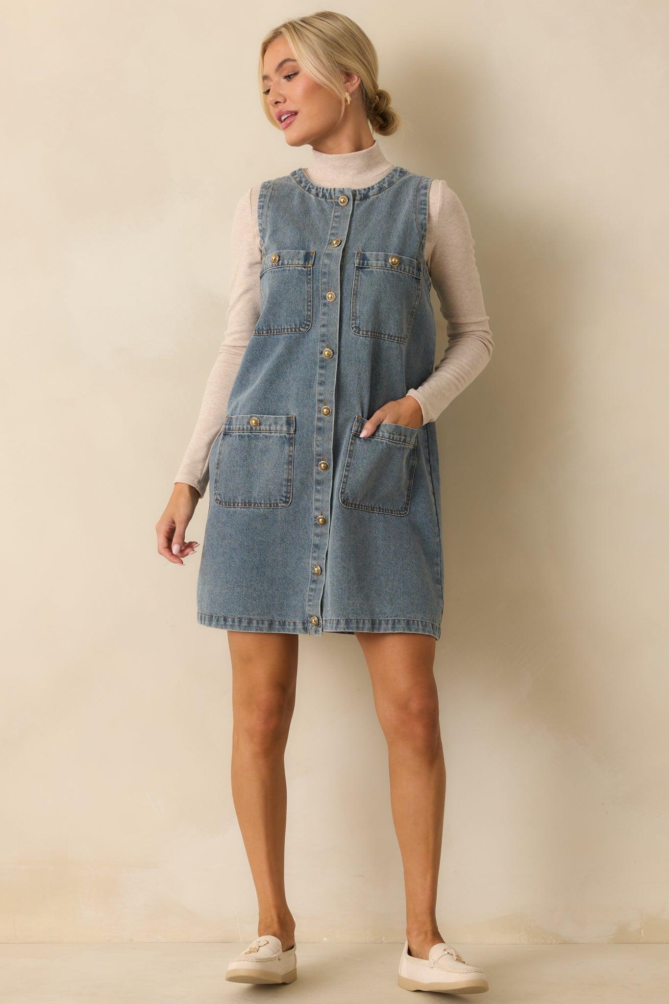 Urban Legend Medium Wash Button Front Denim Mini Dress Product Image