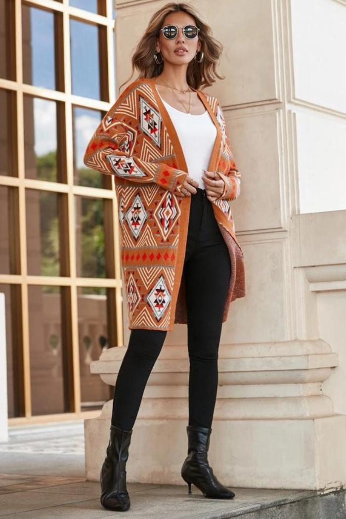 Brown Aztec Geometric Knit Open Front Cardigan Product Image