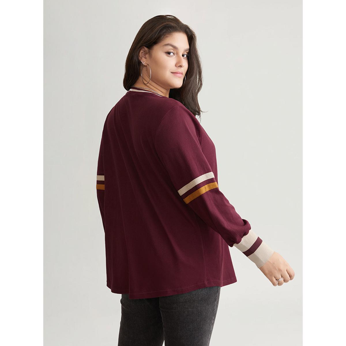 Plus Size Striped Contrast Round Neck Rib Knit Sweatshirt Women Burgundy Casual Contrast Round Neck Everyday Sweatshirts BloomChic 30/6X Product Image
