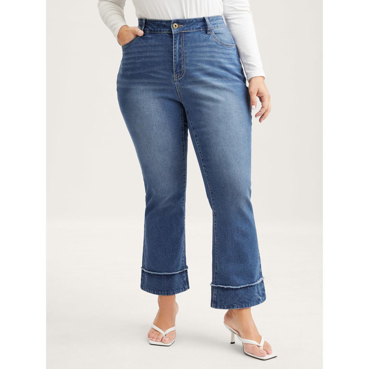 Plus Size Vintage Raw Hem Bootcut Jeans Women Denimblue Timeless Medium stretch Slanted pocket Jeans BloomChic 12/L Product Image