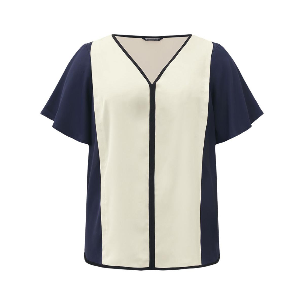 Plus Size Beige Contrast Patchwork V Neck Ruffle Sleeve Blouse Women Office Short sleeve V-neck Work Blouses BloomChic 14-16/1X Product Image