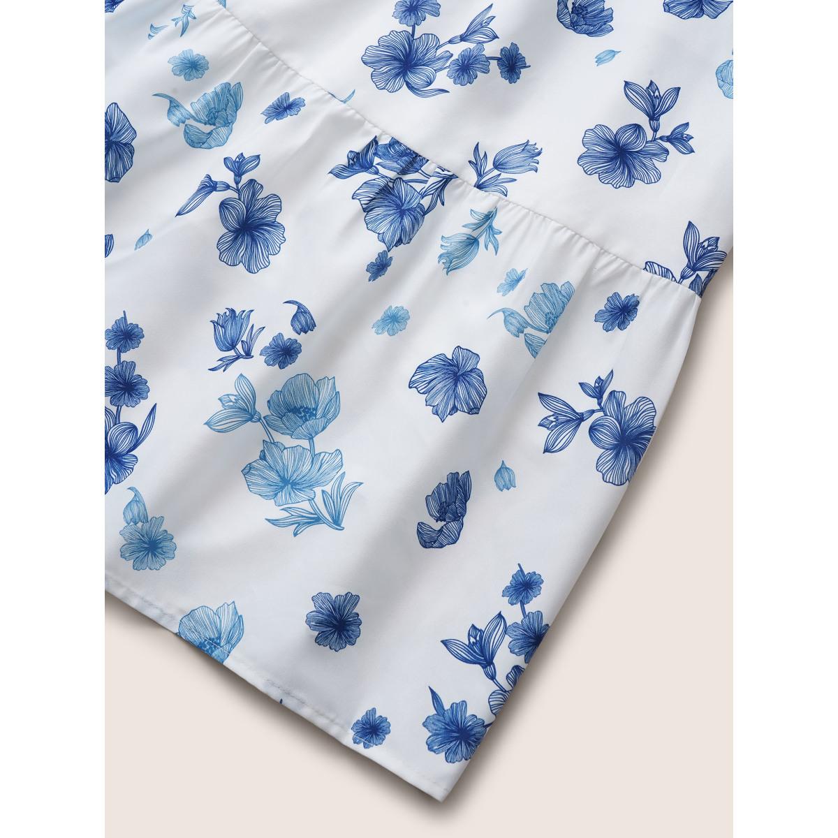 Plus Size Square Neck Floral Print Pleated Lantern Sleeve Dress White Women Elegant Non Square Neck Elbow-length sleeve Curvy Midi Dress BloomChic 12/L Product Image