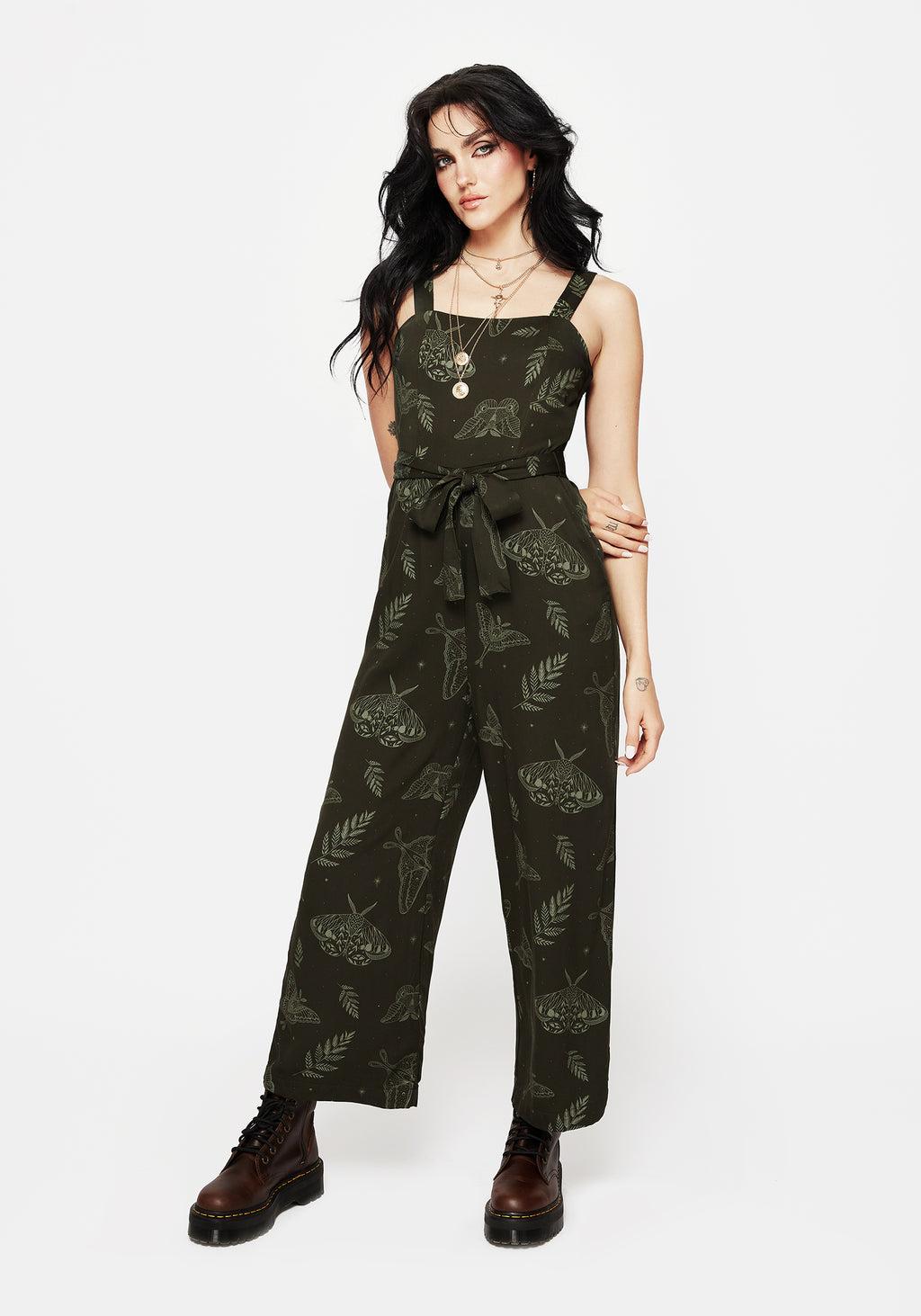 Callopistria Moth Print Wide Leg Jumpsuit - Green Product Image
