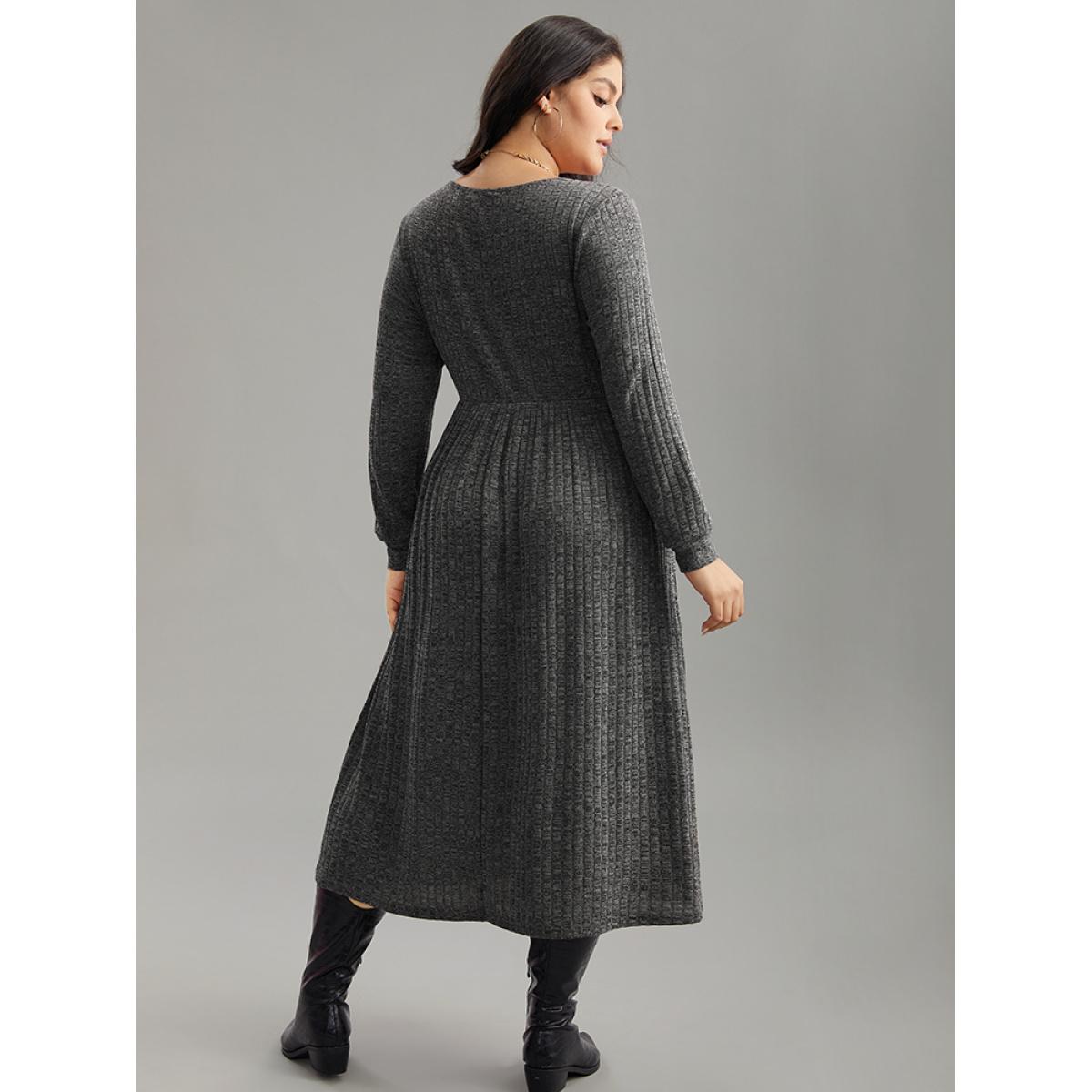 Plus Size Rib Knit Plain Plisse Long Sleeve Dress DarkGray Women Leisure Rib Knit V-neck Long Sleeve Curvy Midi Dress BloomChic 28/5X Product Image