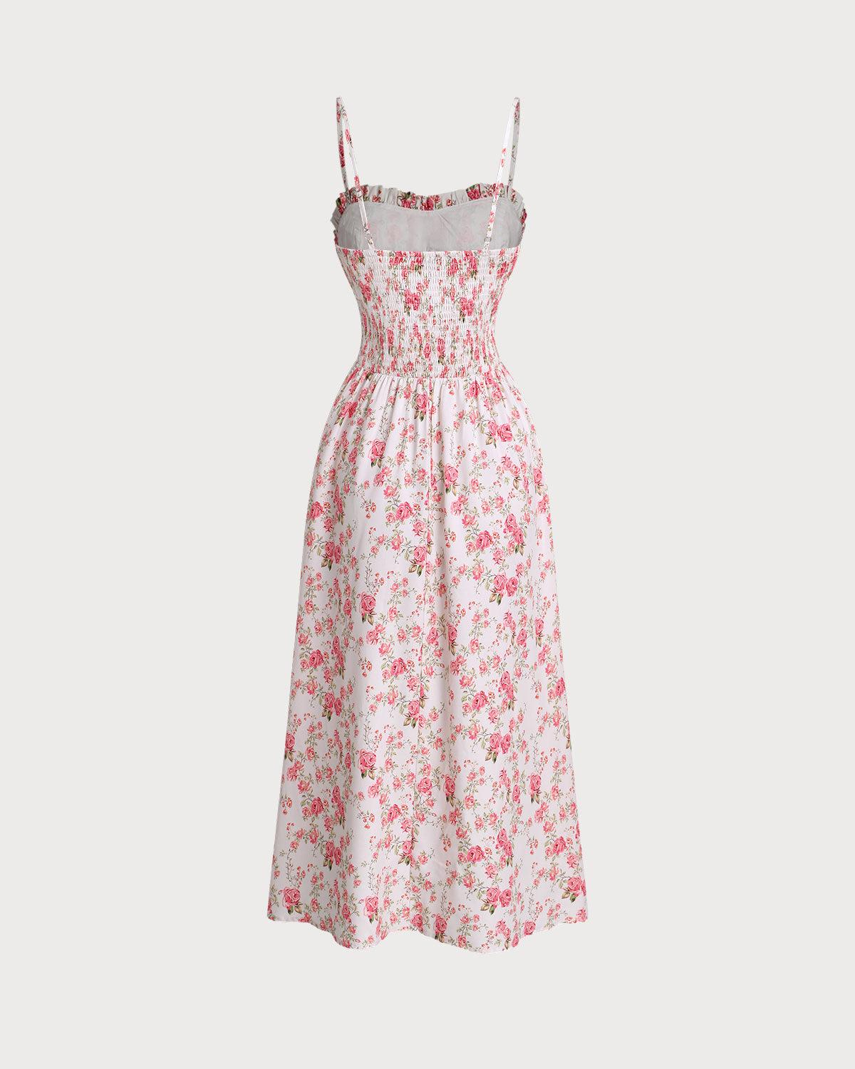 Pink Floral Sweetheart Neck Shirred Slip Midi Dress Product Image