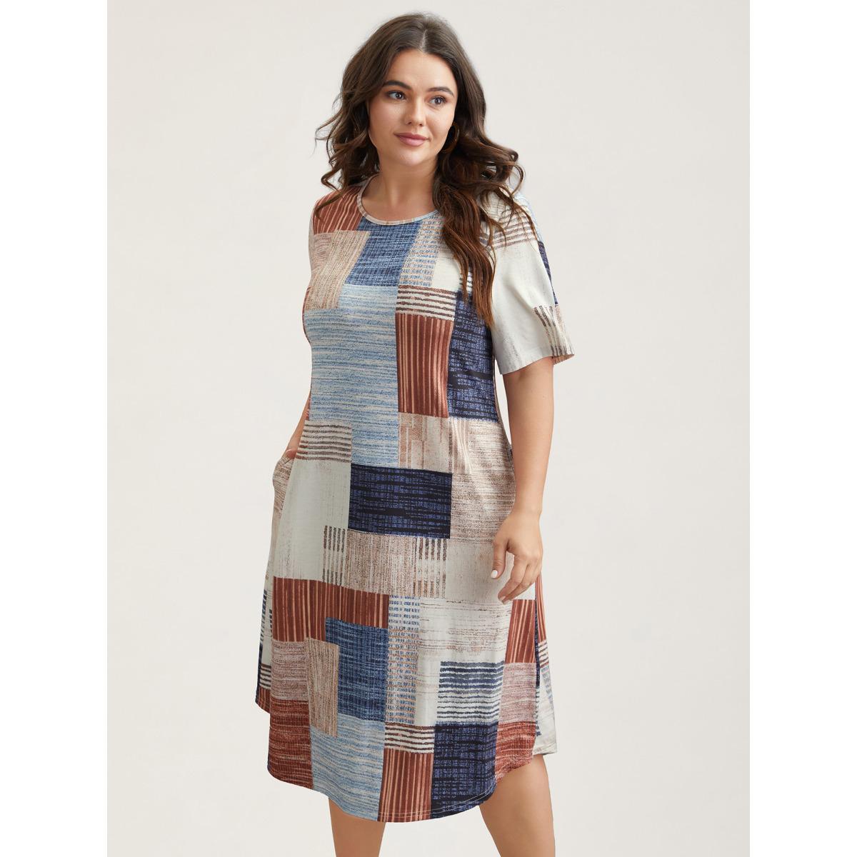 Plus Size Abstract Print Round Neck Flared Midi Dress Multicolor Women Casual Non Knit Dresses Bloomchic 22-24/3X Product Image