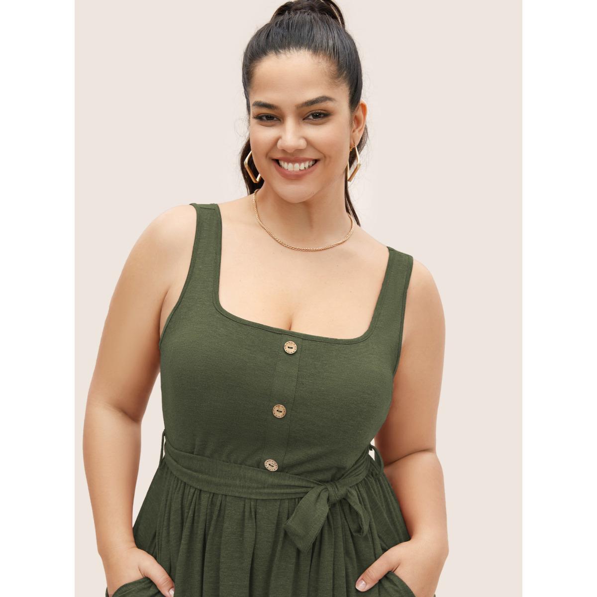 Plus Size Supersoft Essentials Button Detail Belted Gathered Dress ArmyGreen Women Casual Gathered Square Neck Sleeveless Curvy Midi Dress BloomChic 26/4X Product Image