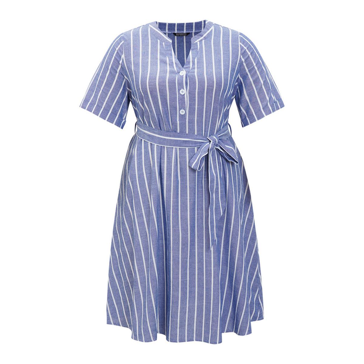 Plus Size Striped Print Belt Pocket Notched Button Up Dress Blue Women Office Cross straps Notched collar Short sleeve Curvy Midi Dress BloomChic 22-24/3X Product Image