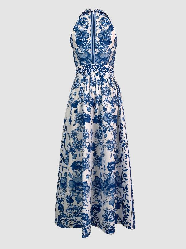 A-Line Loose Flower Print Split-Joint Lapel Maxi Dresses Product Image