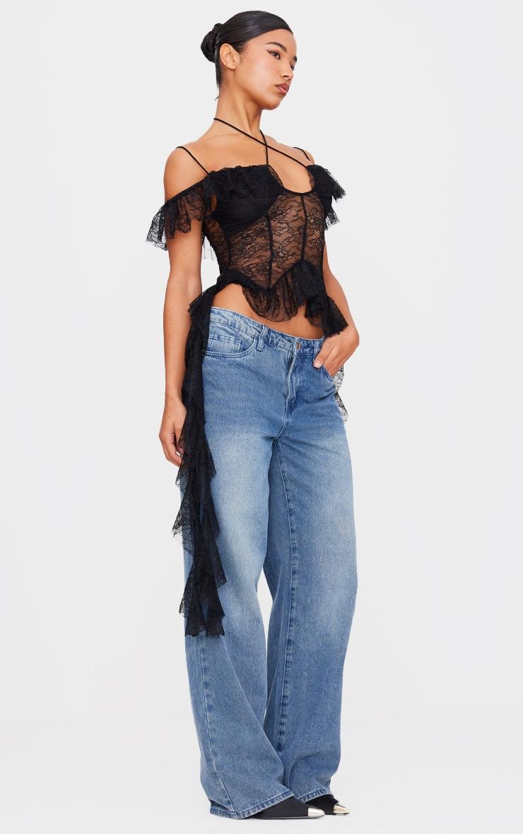 Black Lace Ruffle Halterneck Long Top Product Image