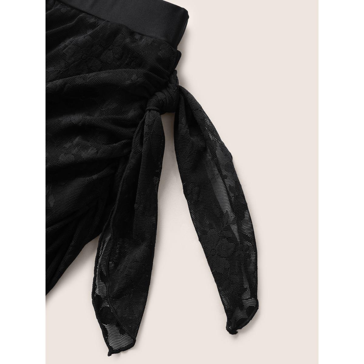 Plus Size Crochet Lace Mesh Tie Knot Swim Bottom Women's Swimwear Black Beach Texture High stretch Bodycon High Rise Curve Swim Bottoms BloomChic 12/L Product Image