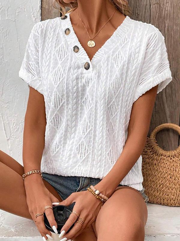 Loose Short Sleeves Buttoned Solid Color V-Neck T-Shirts Tops Product Image