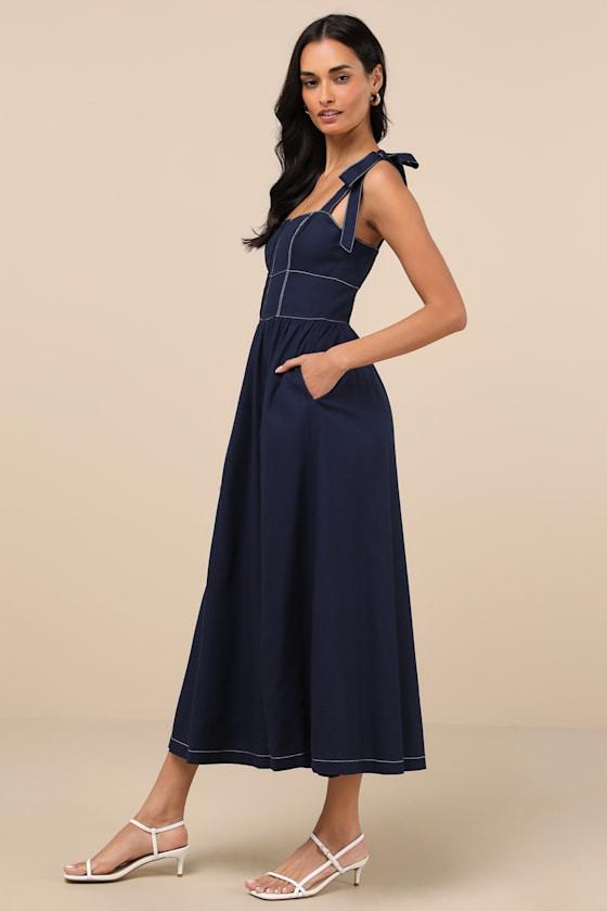 Callina Dark Blue Tie-Strap Midi Dress Product Image