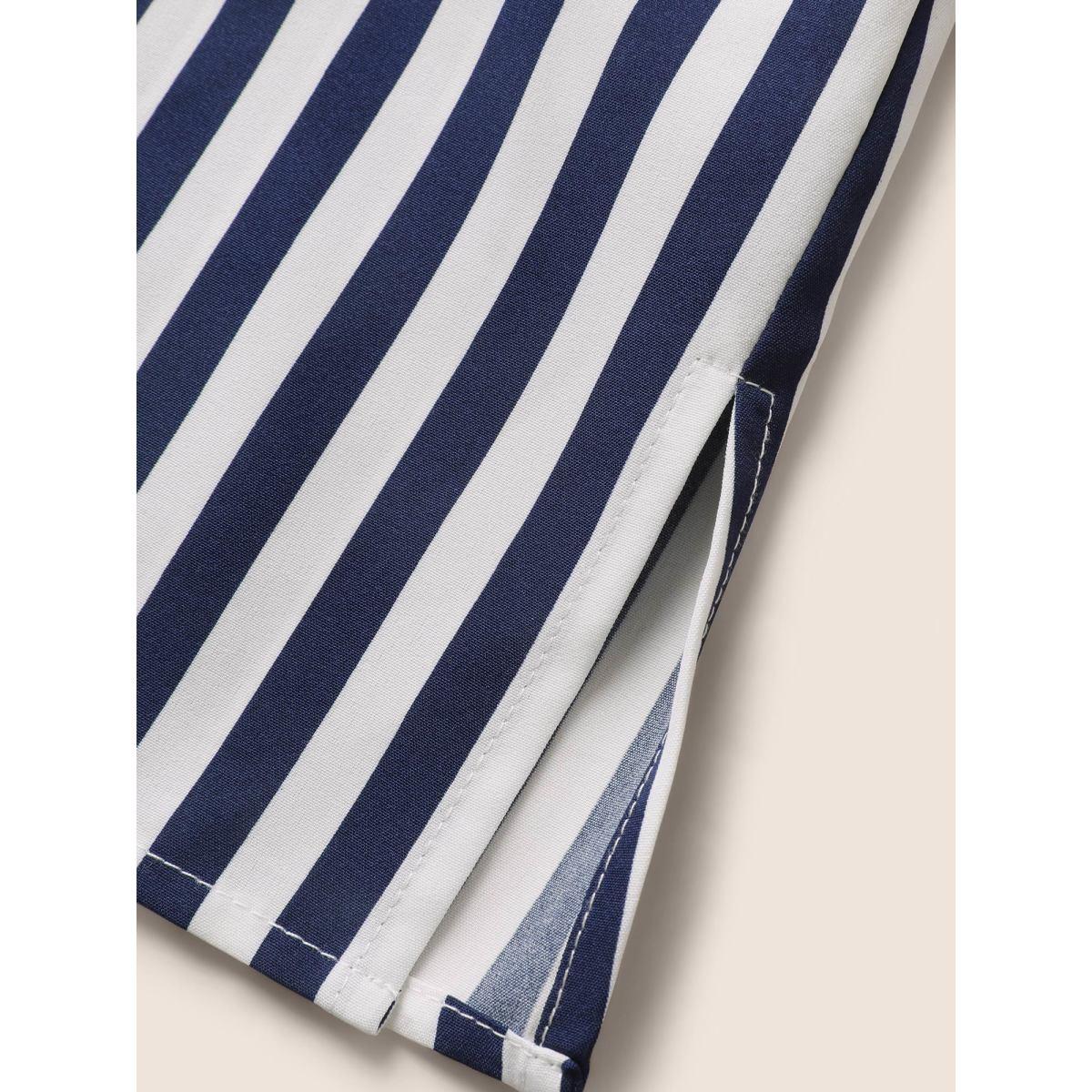 Plus Size DarkBlue Striped Notched Collar Lantern Sleeve Blouse Women Workwear Essentials Short sleeve Notched collar Work Blouses BloomChic 10/M Product Image