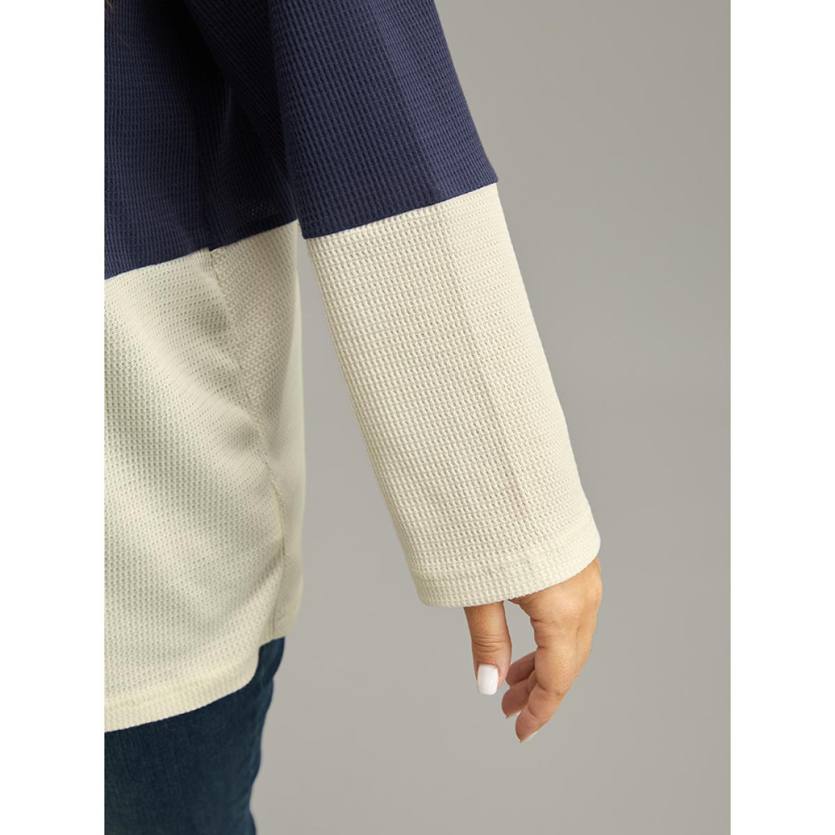 Plus Size Waffle Knit Striped Colorblock Hooded Sweatshirt Women Indigo Casual Contrast Hooded Dailywear Sweatshirts BloomChic 14-16/1X Product Image